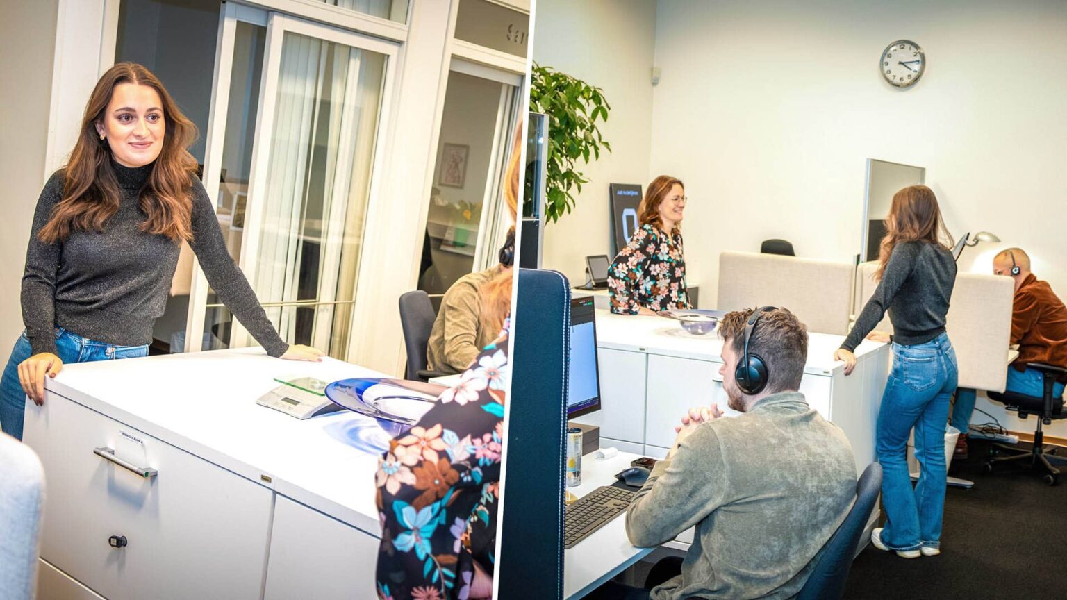 En ung tjej som står i Handelskammarens "workspace" i Norrköping där man som företagare kan hyra kontorsplats vid behov.